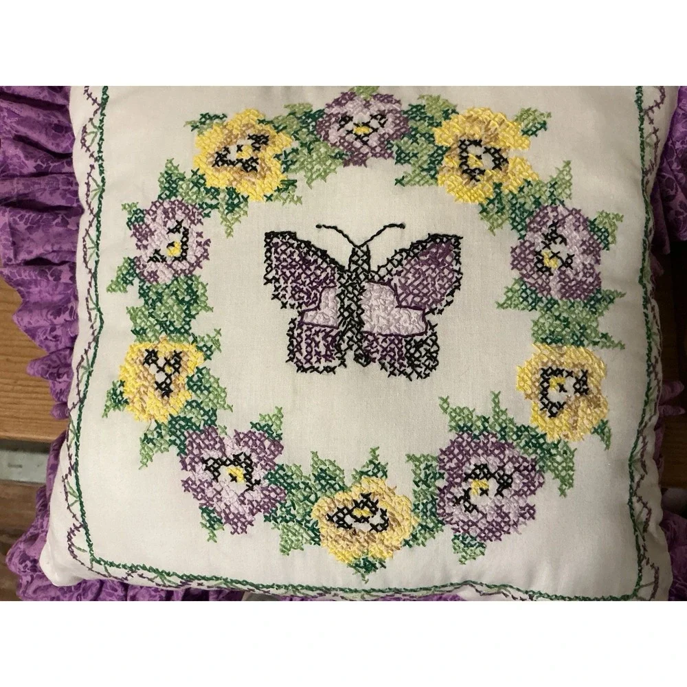 Janlynn Complete Pansy And Butterfly Needlepoint Pillow Botanical Purple‎ Ruffle